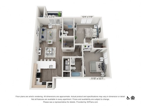 Floor plan for 2 beds, 2 baths, 985 sqft